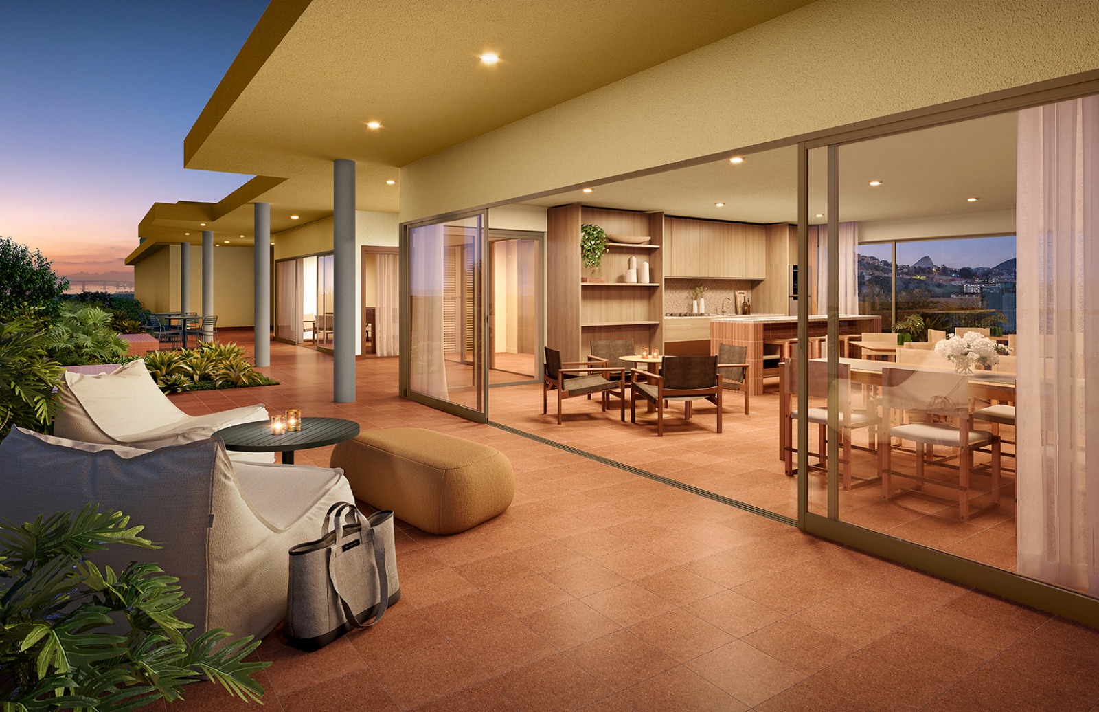 Terraço de convivência integrado aos interiores do empreendimento