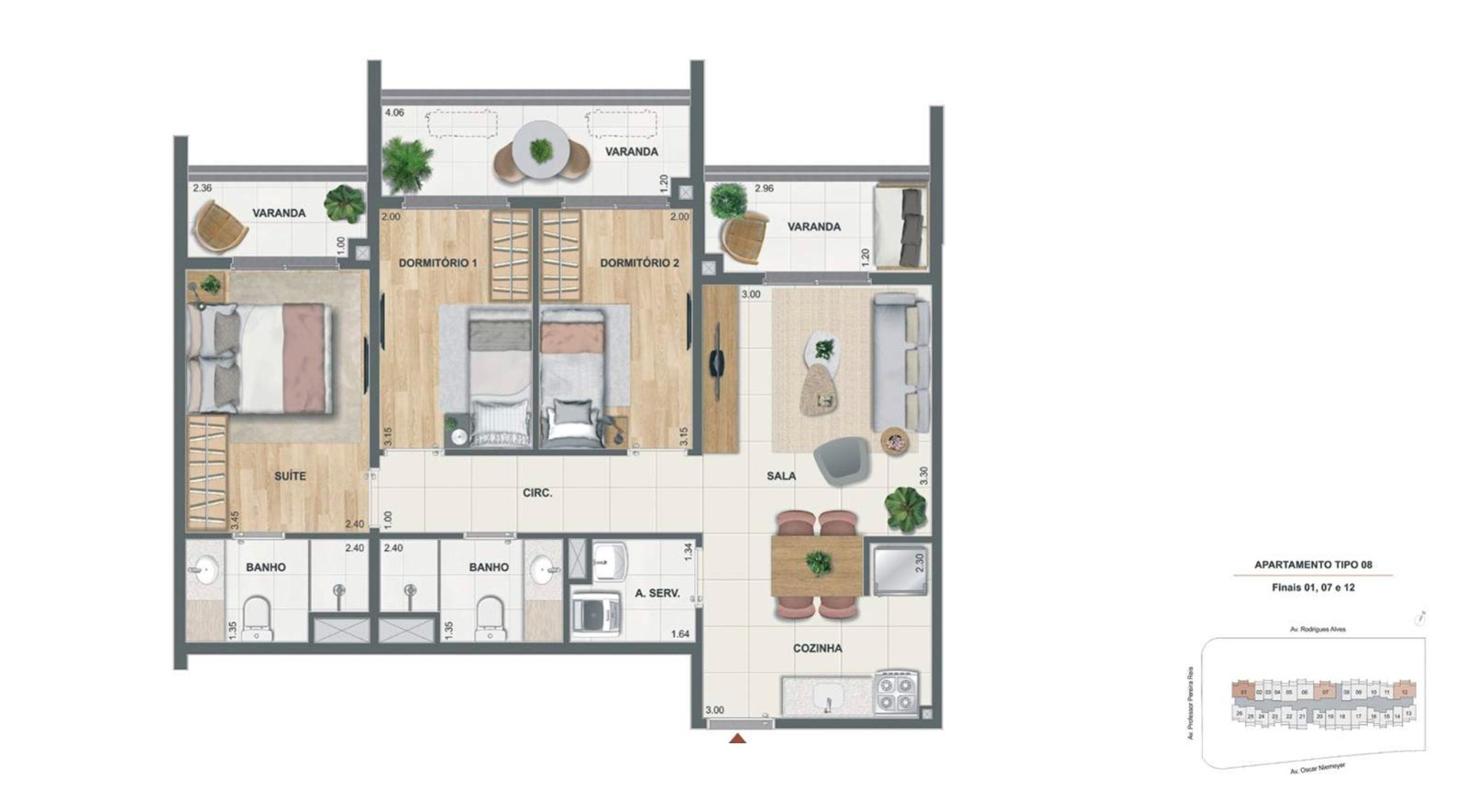 Planta ilustrada oficial do apartamento de 3 quartos
