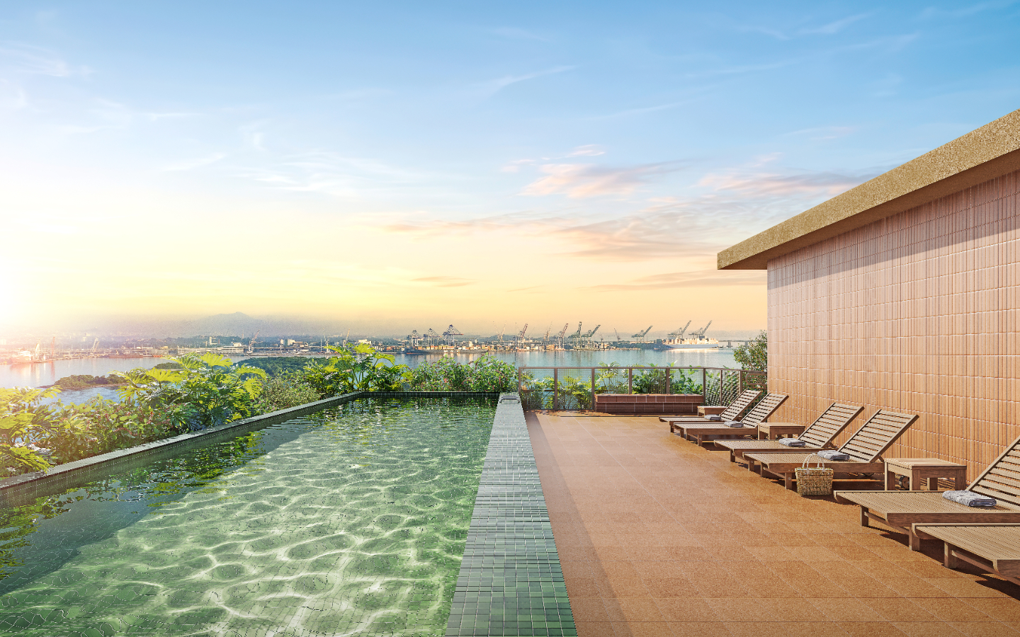 Rooftop com piscina e vista para a Baía de Guanabara