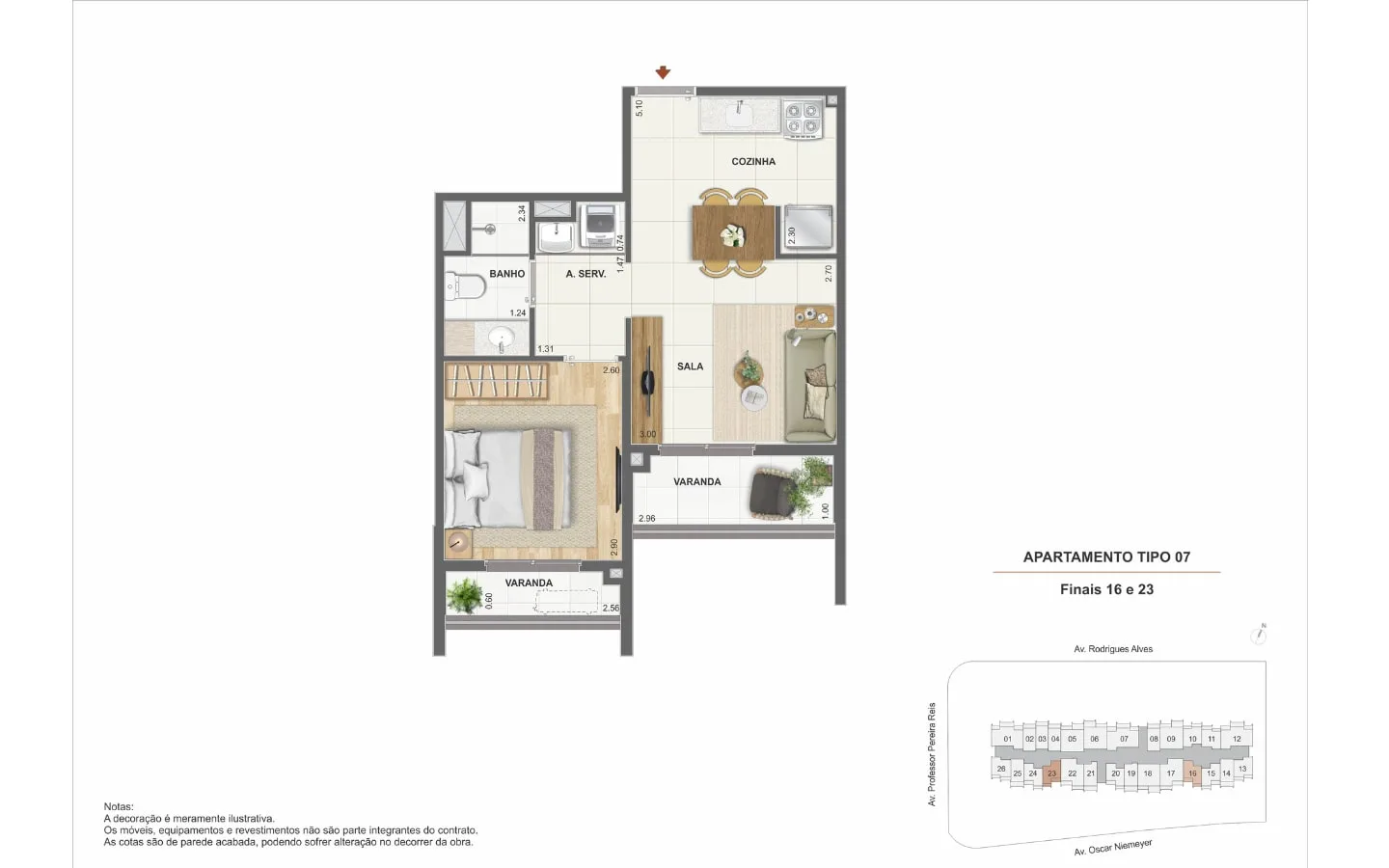 Planta ilustrada oficial do apartamento de 1 quarto