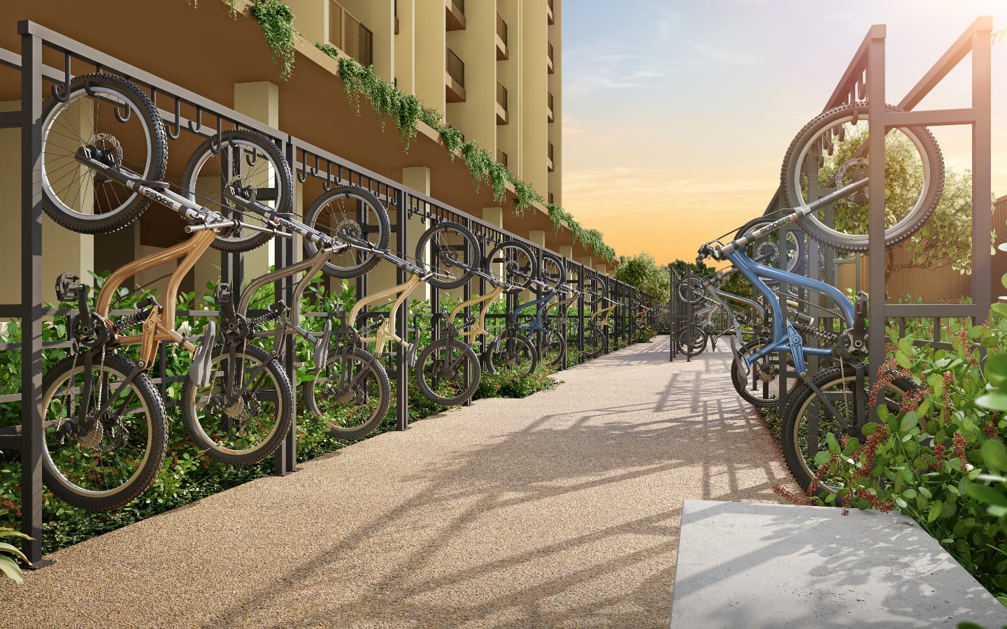 Bicicletário ao ar livre integrado ao paisagismo do empreendimento