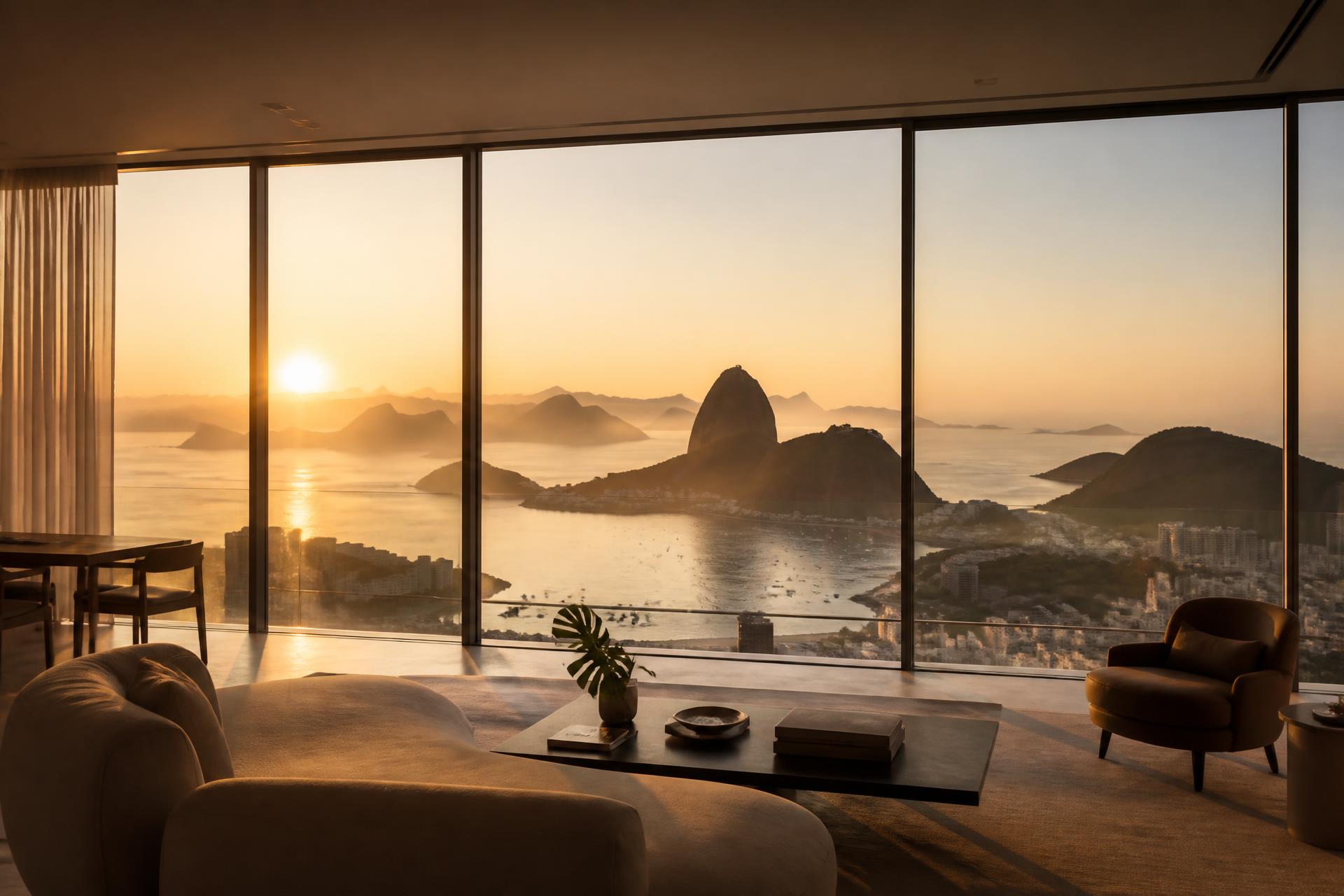Vista da Baía de Guanabara ao amanhecer a partir de um apartamento contemporâneo